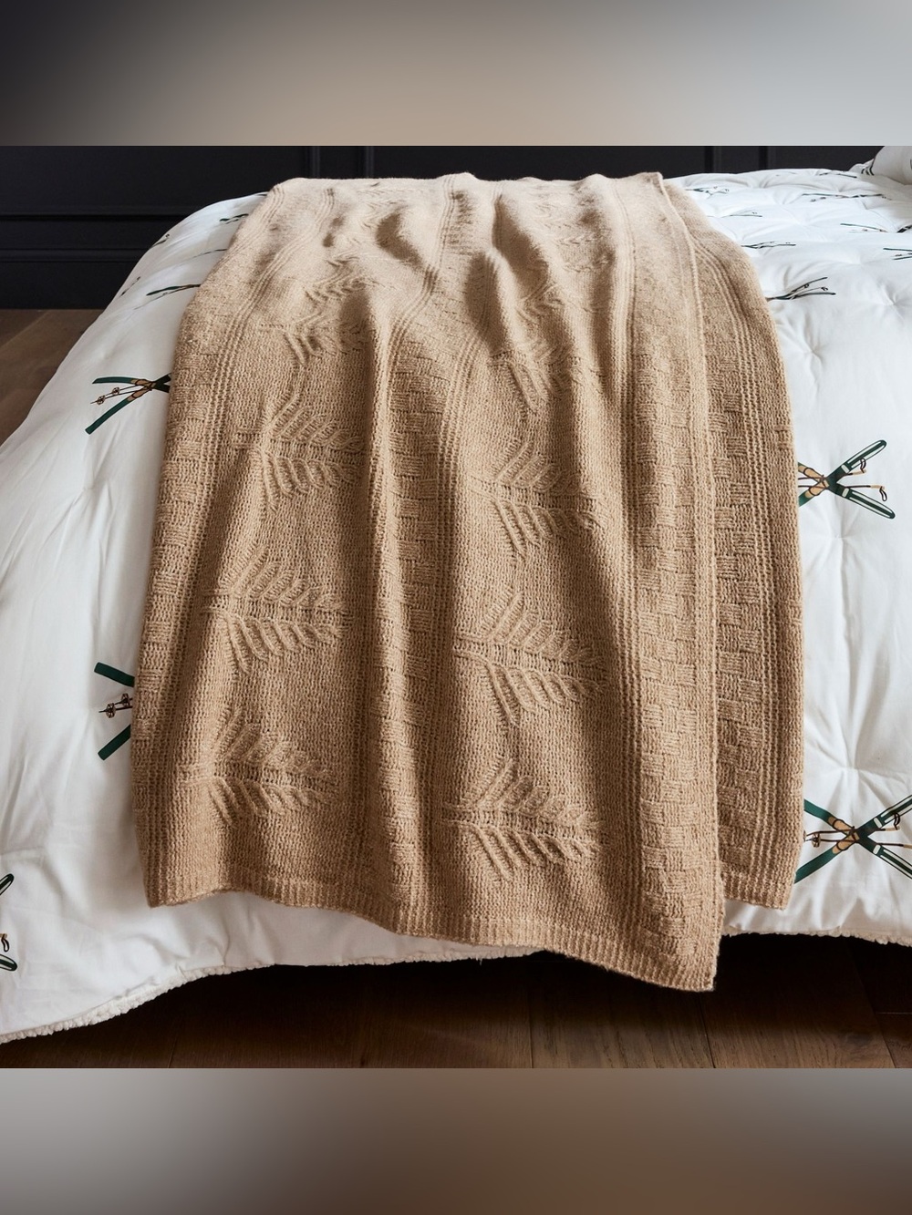 Pottery Barn Arden Tree KNIT BLANKET Camel - Tan 96 x 88 QUEEN Fall - Winter